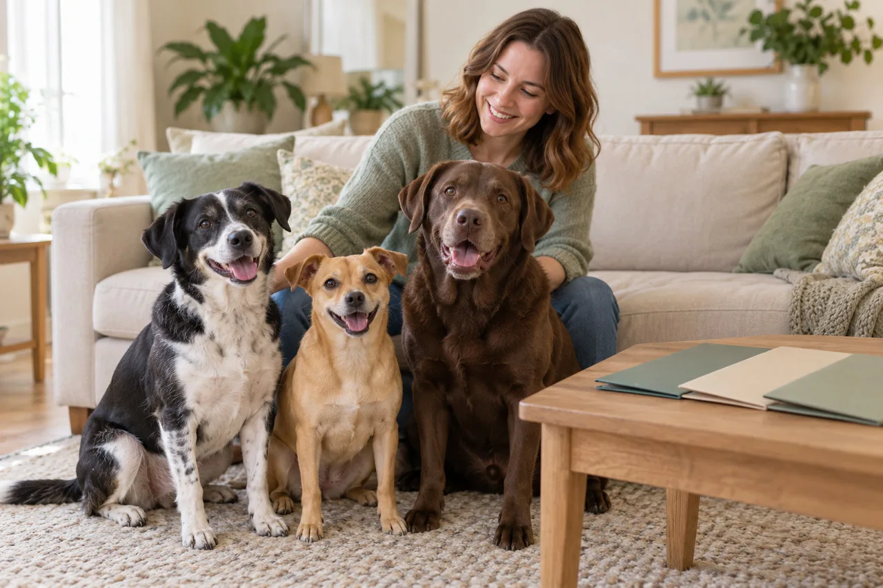 Three dogs sitting together in a home