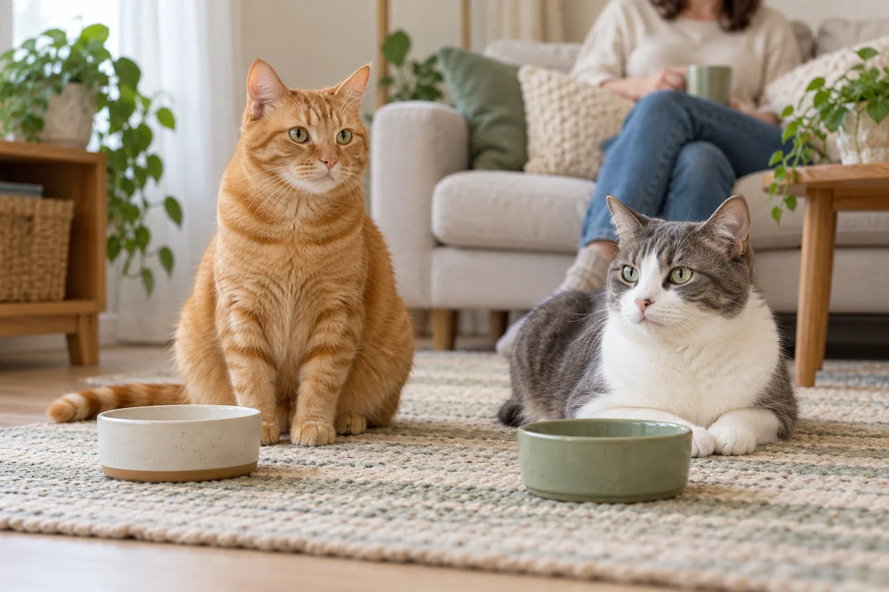 Two cats resting near each other in a home